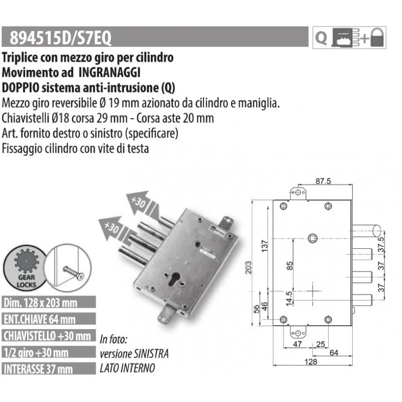 MOTTURA 894515/7E SERRATURA RICAMBIO FBS AD INGRANAGGI PER CILINDRO EUROPEO