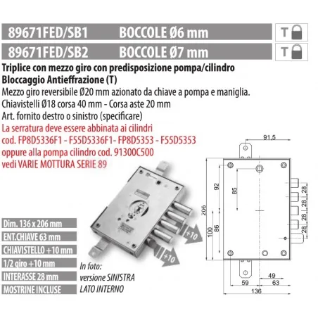 MOTTURA 89671FE/B1 SERRATURA RICAMBIO FEDELI PER POMPA CILINDRO