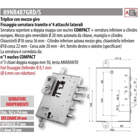 MOTTURA 89N487GR SERRATURA MULTIFUNZIONE RICAMBIO GARDESA AD APPLICARE