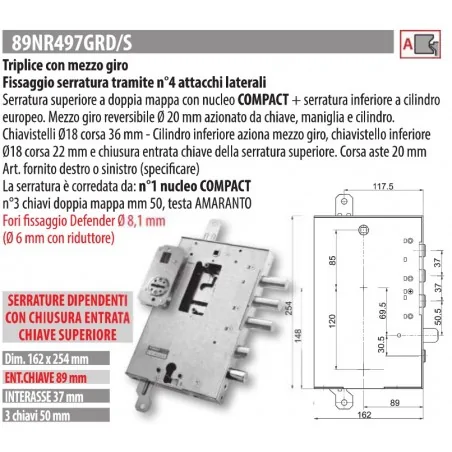 MOTTURA 89N497GR SERRATURA MULTIFUNZIONE RICAMBIO GARDESA AD APPLICARE