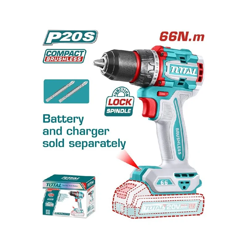 TRAPANO AVVITATORE BRUSHLESS 20V SENZA BATTERIA CON 4 ACCESSORI TOTAL