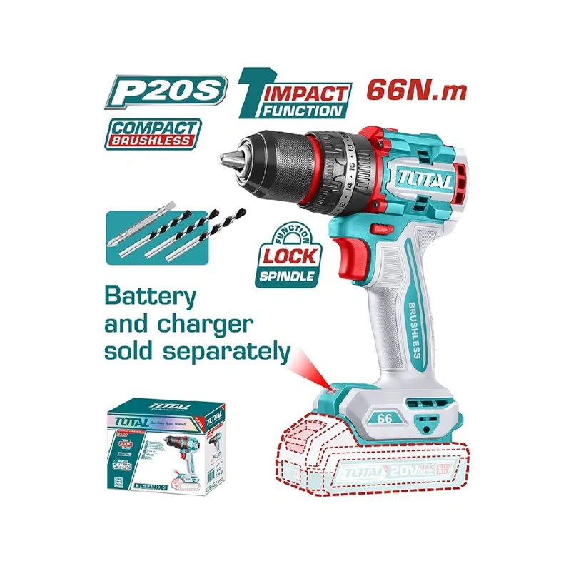 TRAPANO PERCUSSIONE BRUSHLESS 20V SENZA BATTERIA CON 4 ACCESSORI TOTAL