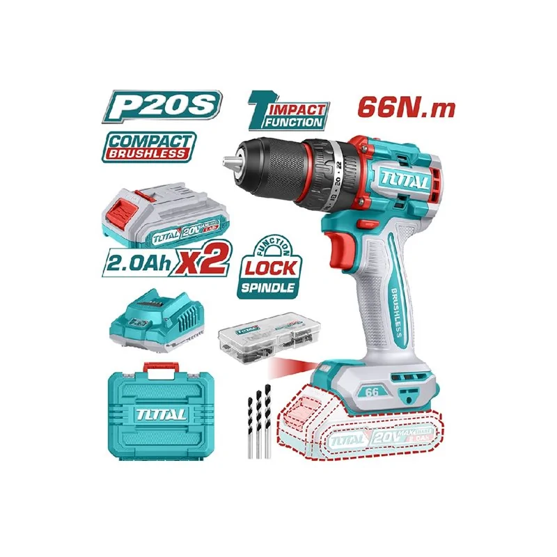 TRAPANO A PERCUSSIONE BRUSHLESS 66N 20V 2 BATTERIE IN VALIGETTA TOTAL