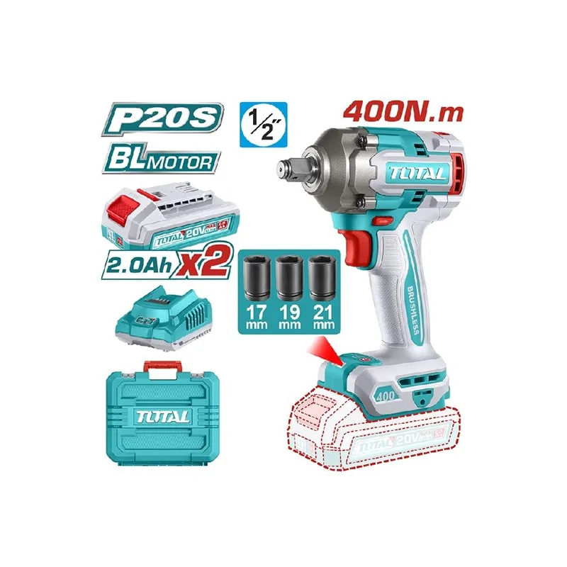 AVVITATORE A IMPULSI BRUSHLESS 20V CON BATTERIE E ACCESSORI TOTAL